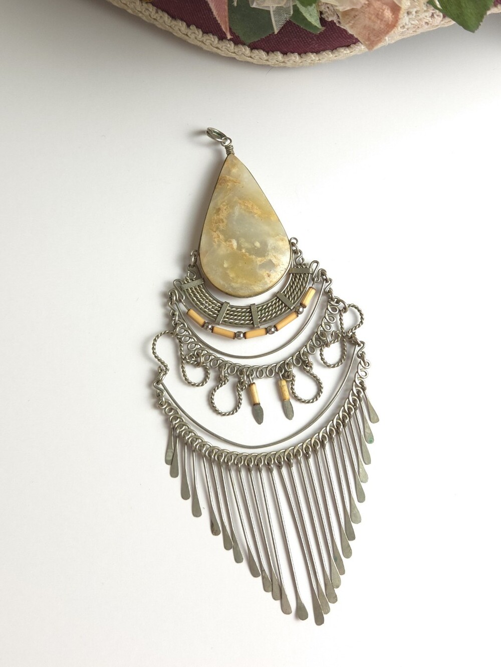 Vintage Handmade Silver Wired Wrapped Tiger Dendrite Stone Pendant Ethic
